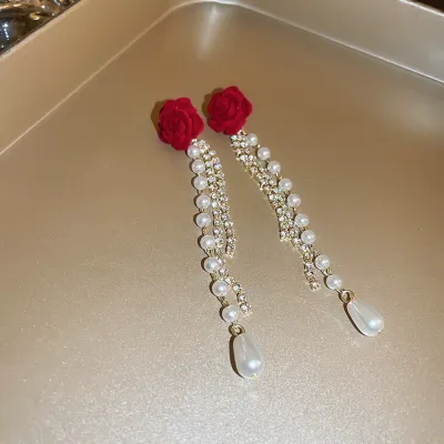 Red Rose Flower Pearl Tassel Earrings